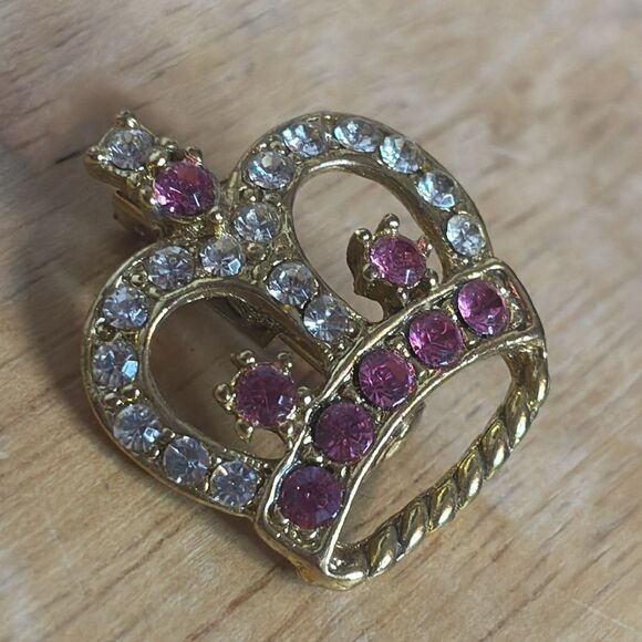 Vintage Gold Tone and Pink Rhinestone Crown Statement Brooch Pin - Picture 2 of 4